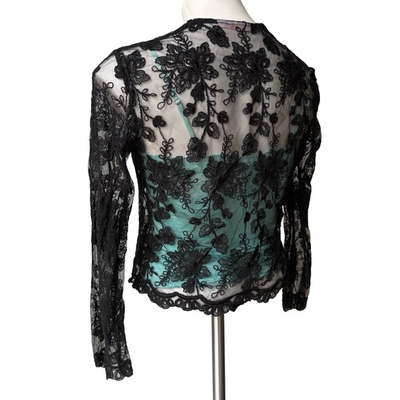 Lisbeth Black Mesh Single Button Floral Embellished Sheer Cardigan - Picture 5 of 14